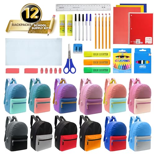 12 Packs 17" Bulk Backpacks with 50 Piece School Supply Kit , 12 Colors - color: 2 Tone, size: 50 Piece SS Kit