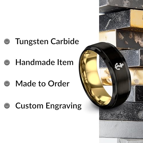 Gift for Nautical Fan - Anchor With Rope Ring - Men Women - Tungsten - Flat Dome Bevel - Band - Yellow Gold Black Silver Blue - Anniversary Wedding - 8mm - Brushed Polished - Personalized Custom Engra - color: 04 - Yellow Gold Black Tungsten