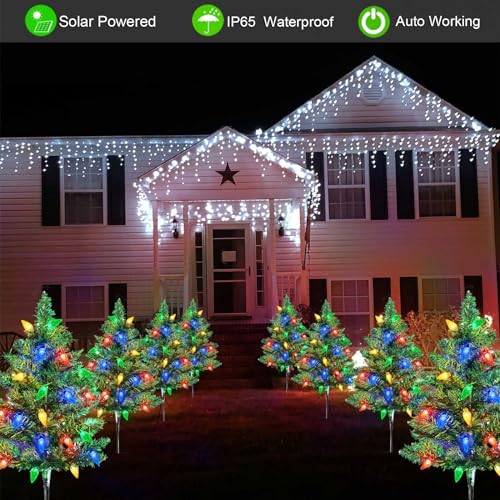 4 Set Solar Christmas Tree w/ 80pcs Multicolor C6 LED Christmas Lights for Outdoor Christmas Decorations,Solar Powered Prelit Small Christmas Tree for Holiday Outside Pathway Garden Yard Decor