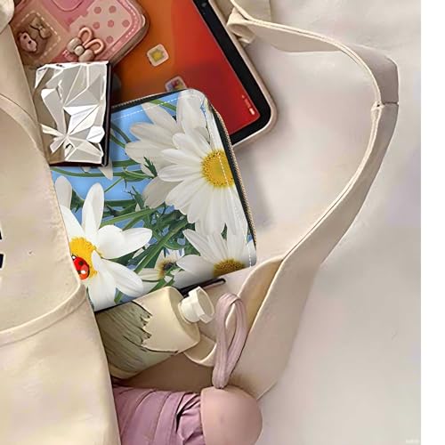 Daisy Flowers and Ladybug Print Wallet for Women Large Capacity Wallet Credit Card Holder PU Leather Zipper Clutch Purse Phone Wallet - color: Daisy Flowers and Ladybug