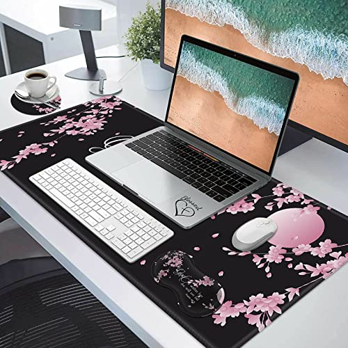 Desk Pad Mat + Wrist Rest Pad + Coasters Set, Durable Office Desk Mat 31.5"x 11.8", Large Gaming Mouse Pad Extended Non-Slip Rubber Base Keyboard Pad for Laptop & Home, Cherry Blossom Psalm 46:5 - color: Cherry Blossom Psalm 46:5
