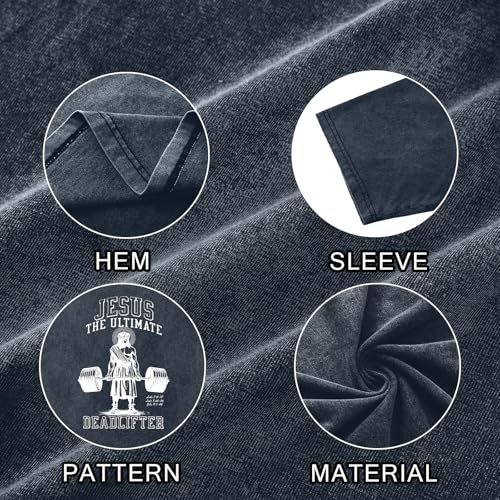 Mens Oversized Christian Shirts Jesus Faith Shirt Funny Gym Graphic Tees God Religious Bible Verse Acid Wash Tshirts - color: Denim Blue, size: Medium