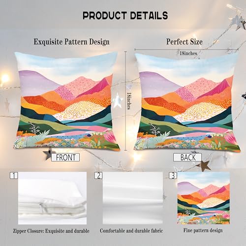 Abstract Colorful Boho Mountain Landscape Throw Pillow Covers 18x18, Maximalist Flowers Mountain Wildflowers Scenery Decorative Pillow Covers for Home Bedroom Living Room - color: Colour -D