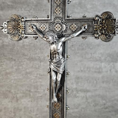 BC Catholic Crucifix Standing Cross for Altar, Silver Crucifix Tabletop Decor for Elegant Modern Home, Religious Gift, 14.7" H Handmade Renaissance Sculpture by Buildclassic - color: Silver