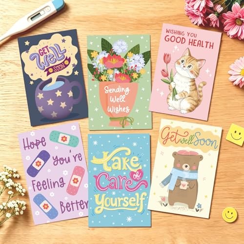 Ogeby 24 Pack Get Well Cards Set with Envelopes & Stickers, Cute Encouragement Cards for Friend Family Coworker, 6 Assorted Designs with Heartfelt Message Inside, 4x6 Inch