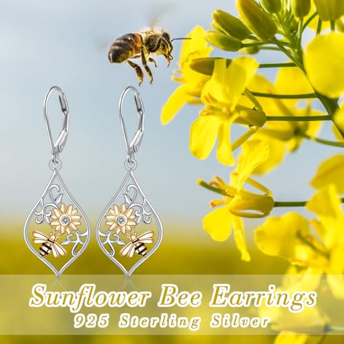 925 Sterling Silver Filigree Dangle Drop Leverback Teardrop Earrings - color: sunflower bee
