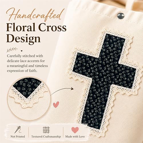 Christian Tote Bag Gift for Women, Canvas Bible Bag Handmade Floral Cross - color: Cream-black Ditsy Floral