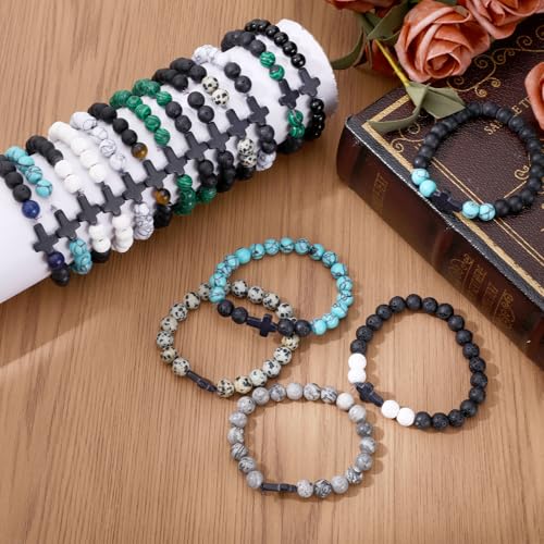 24 Pcs Cross Bracelet for Men Women, 8MM Natural Stone Christian Bracelets Bulk, Easter Bracelets for Adults, Beaded Cross Bracelet Bulk with Turquoise Tiger Eye Stone Natural