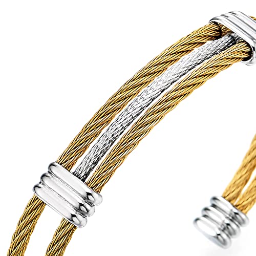 Men Women Stainless Steel Twisted Cable Adjustable Cuff Bangle Bracelet - color: K-Metal Color: Gold & Silver