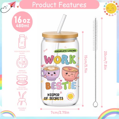 Work Bestie Gifts Glass Cups - Glass Tumbler with Straw and Lid, Cute Coworkers Gift for Women Sister Bestie Best Friend Colleague Teacher Birthday Graduation Christmas Appreciation - style: work bestie