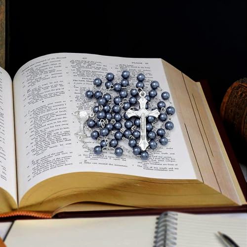 KOMI 6 MM Pearl Rosary Beads With Crucifix, Catholic Necklace for Women With Velvet Bag or Rosary Box - style: Rosary-9