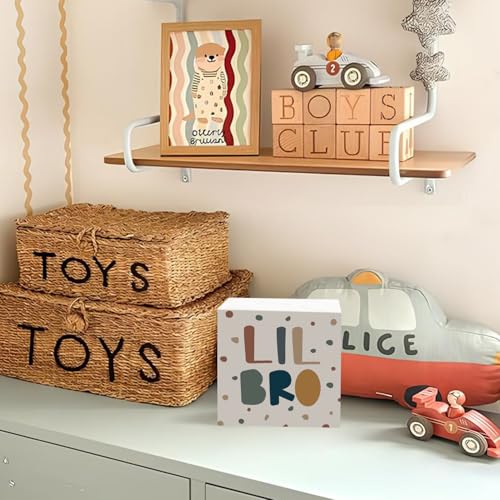 Lacama Boho Boy Nursery Wooden Box Sign, Little Brother Decorations Wood Block Signs, Twin Room Wood Sign for Toddler Boys Room Bedroom Playroom Desk Shelf Wall Decor 5x5 Inches - color: Lil Bro