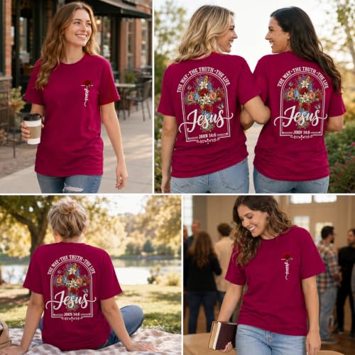 Jesus Shirt for Women The Way The Truth The Life Christian Floral Cross Tee - color: Claret, size: Small