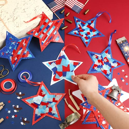 DoubleFill 48 Pcs 4th of July Suncatchers Crafts Kits Patriotic 250th Anniversary Crafts Red Blue White USA Tissue Paper Craft Make Your Own Patriotic Stained Glass Window Ornaments for July 4th - style: 4th of July