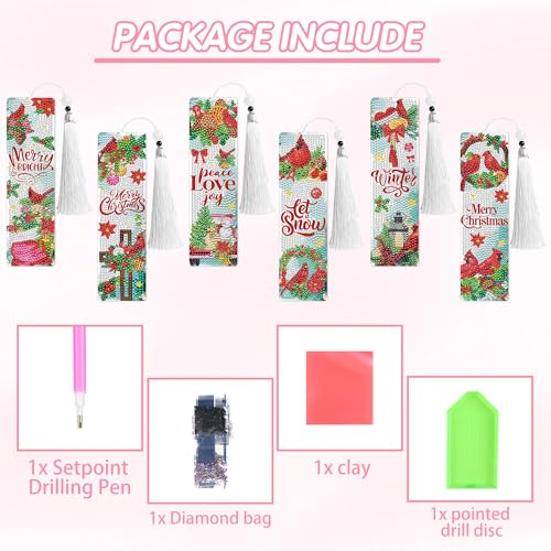 Christmas Cardinal Diamond Art Bookmarks, 6 Pcs DIY Holiday Bookmark Making Kit with Tassels and Gift Box, Diamond Painting Christmas Crafts for Adults and Kids - style: Christmas Cardinal