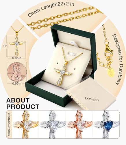 Lovans Cross Necklace for Women 925 Sterling Silver Angel Wings Pendant - color: Yellow Gold+White CZ, size: 22"+2"
