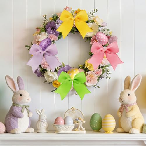 Easter Bow Decorations, 12 Pcs 4 Color Burlap Ribbon Bows for Wreaths, Easter Ornaments for Tree, Easter Tree Bows Decorations for Home