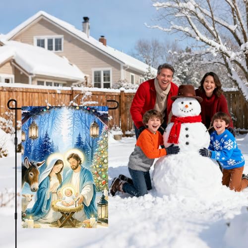IVN Merry Christmas Nativity Scene Garden Flag 12x18 Inch Double Sided - color: Holy Family Blue