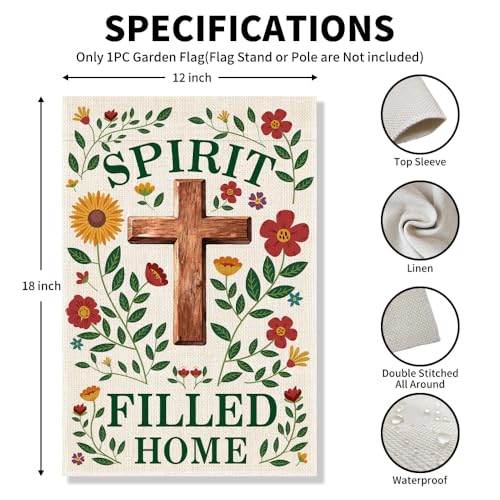 Spirit Filled Home Garden Flag, Floral Christian Cross Yard Sign, Religious Faith Christian Gifts for Friends, Housewarming Flag Gifts, Welcome Yard Catholic Farmhouse Holiday Outdoor Decor - color: Beige47