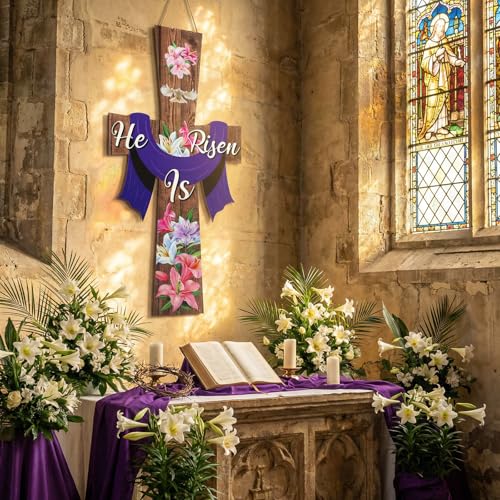 Meooeck Large Easter He Is Risen Door Sign Wooden Religious Cross Hanging Decor Easter Wreaths for Front Door Christian Flowers Lent Hanging Hanger for Farmhouse Front Porch - style: He is Risen