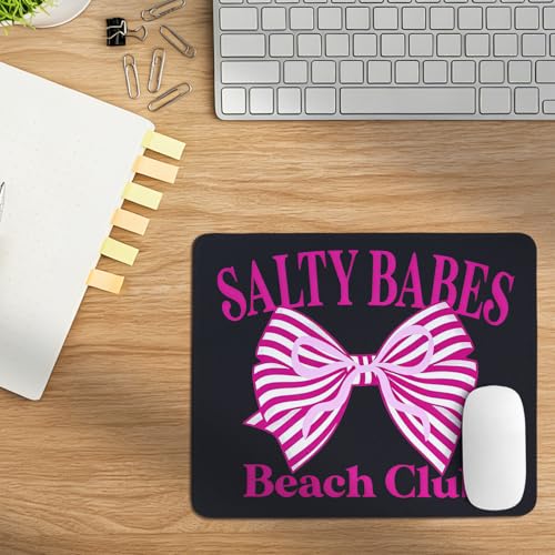 Black Salty Babes Beach Club Mouse Pad,Retro Summer Beach Desk Mat,Vintage Pink Striped Bow Mouse Mat,Cute Girly Coastal Gaming Desk Decor for Office Home Dorm,10.2x8.2Inch - color: Black Pink Bowtie