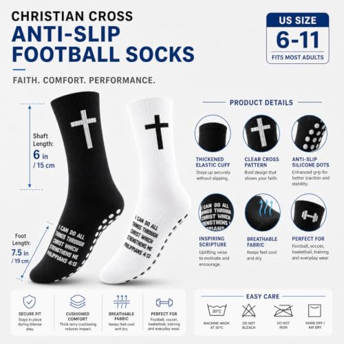 Janmercy 6 Pairs Grip Soccer Socks for US 6-11 Anti Slip Sport Socks with Cross Bible Verse Gift for Men women - color: White Black