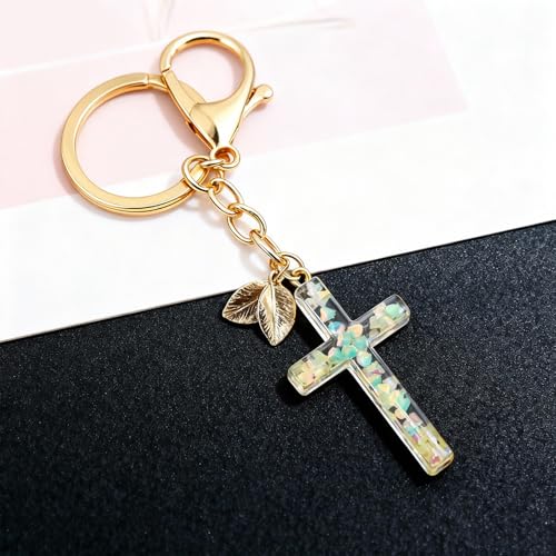Angyape Cute Christian Cross Keychain for Women Purse Bag Charms Car Key Rings Accessories Flower Design Jesus Faith Gifts - color: L:green
