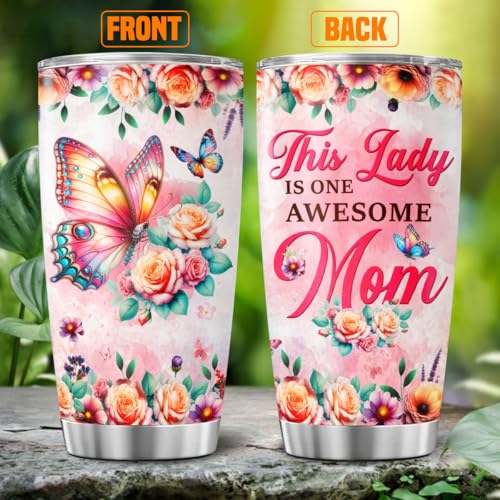 Lady Mom Butterfly, Mothers Funny Coffee Floral Day Flower Handle Tumblers Mama Cups Mother For Women Insulated, Tumbler 20 Oz With Lid And Straw, Mom Gifts - color: Mom