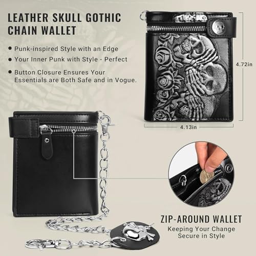 ZEKEE Skull Gothic Chain Wallet Leather Punk Bifold Halloween Goth Accessories Unisex,Black - style: Skull Blossom Clutch
