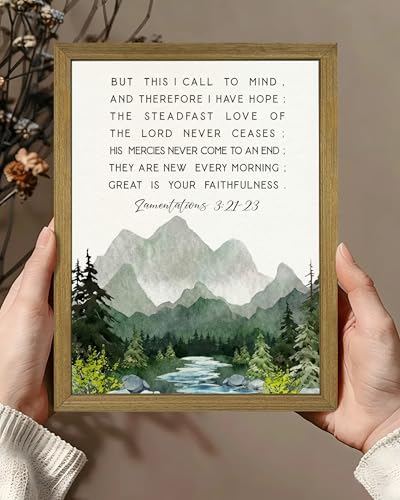 Christian Bible Verse Wall Art 8x10 Inch Framed Canvas Print, Lamentations 3:21-23 Scripture Quote Landscape Wall Decor Painting, Rustic Inspirational Religious Home Decor for Living Room Bedroom Office - color: Jesus K, size: 10"L x 8"W