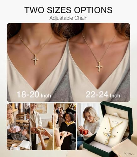 Lovans Cross Necklace for Women 925 Sterling Silver Angel Wings Pendant - color: Yellow Gold+White CZ, size: 18"+2"