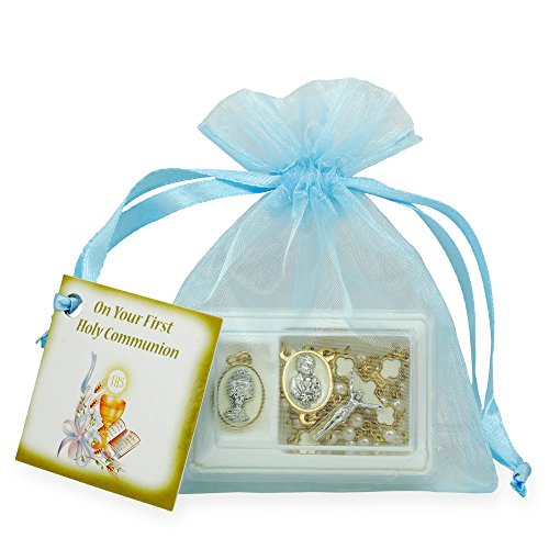 First Communion Rosary Set for Boys w/White Pearl Beads - color: Boys - White/Gold