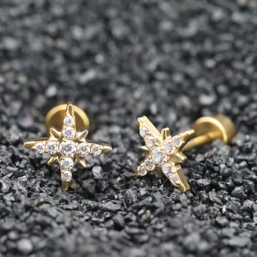 XUU 20G Flat Back Stud Earrings ASTM F136 Titanium & Sparkling CZ - color: gold cross star