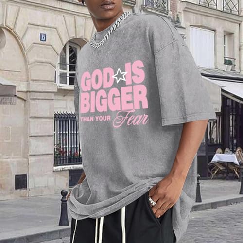 Oversized Christian Shirts for Men Vintage Faith Acid Wash Tshirts God is Bigger Graphic Tees Religious Bible Shirt - color: Light Gray, size: Small