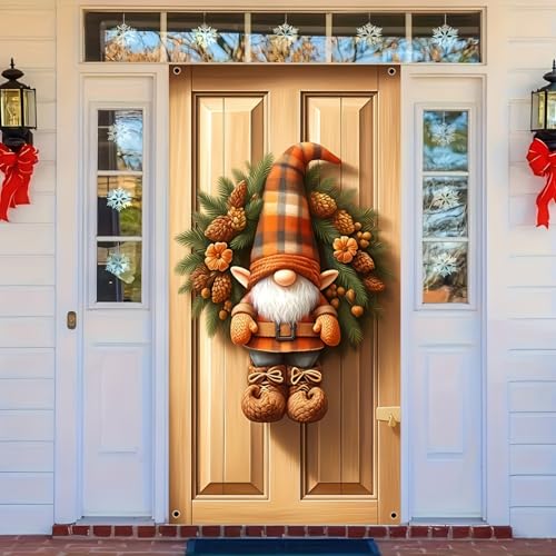 BlissYard Gnome Ring Wood Door Cover 71x35 Inch Winter Holiday Porch Entry Banner for Front House Seasonal Display Party Photo Backdrop Indoor Outdoor Decoration - color: Christmas Gnome #11