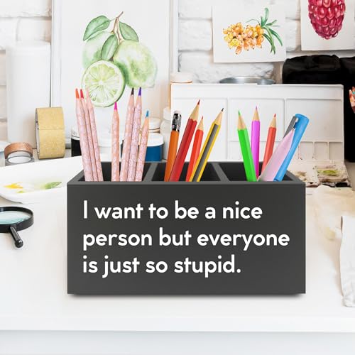 Funny Pen Pencil Holder Organizer for Desk, Sarcastic Gifts for Women Men Coworkers, Office Humor Gifts, Funny Wooden Box Sign for Home Office Desk Tabletop Decorations - color: colour 01