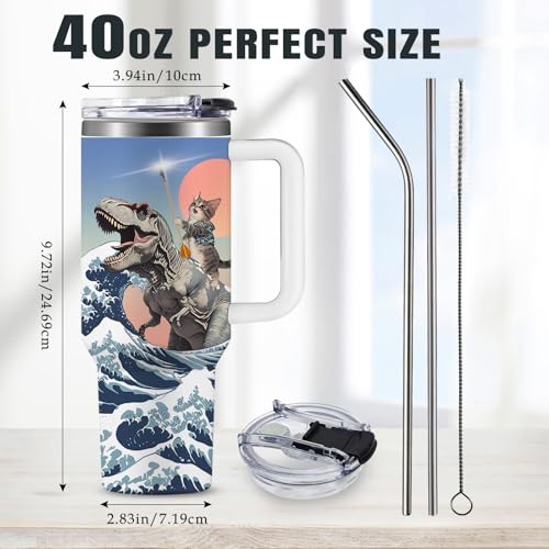 Christian Gifts for Women 40oz Tumbler - Insulated Travel Mug with Handle (Cat-Dinosaur, 40 Ounces) - color: Cat-Dinosaur