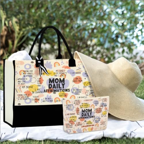 jeilink Inspirational Religious Gifts Boss Mom Birthday Christmas Tote Bag Canvas Reusable Grocery Beach Tote Black Pink - color: Mom Affirmations 1711