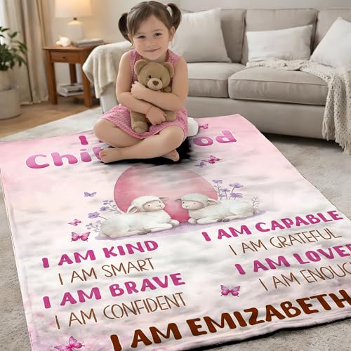 KiKiLuna Personalized Child of God Flannel Throw Blanket, 4 Background Colors, 7 Center Designs, Custom Name Christian Easter Affirmation Cozy Gift for Kids - color: Design 12