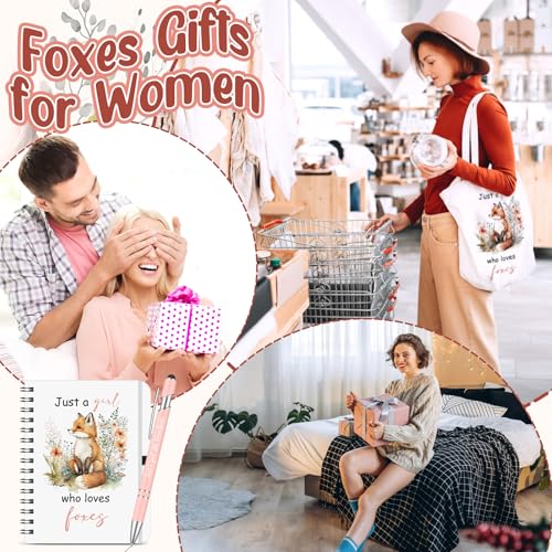 Kinlop 5 Pcs Foxes Gifts for Women Include Just a Girl Who Loves Foxes Tote Bag Canvas Cosmetic Bag Coil Notebook Keychain and Ballpoint Pen for Women Girls - color: Pink, style: Fox