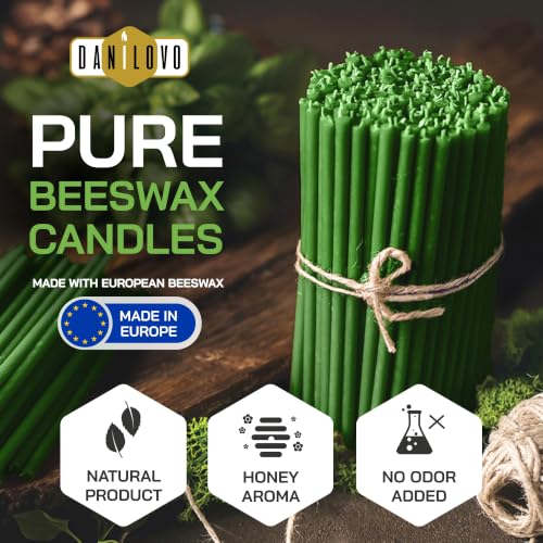 Danilovo Thin Taper Beeswax Candles - Honey-Scented, Decorative Candles Ideal for Birthday Decoration or Church Prayers - Green Drip Free, Tall & Smokeless Pack of 50 pcs, 7.3 x 0.24 inch - color: Green