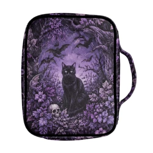 Suobstales Cat Skull Bat Leaves Pattern Bible Cover Carrying Book Case for Women Men Halloween Lightweight Bible Bag Bible Protective with Handle and Zippered Pocket - color: Cat Skull Bat Leaves