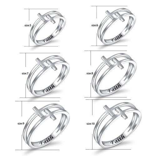 FLYOW Inspirational Jewelry Sterling Silver Engraved Faith Double Cross Ring Christian Fashion Band Ring for Women Mother, Size 5-10