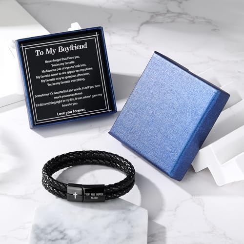 Christian Bracelet for Men, Bible Verse Leather Cross Gift for Men - color: A-To My Boyfriend