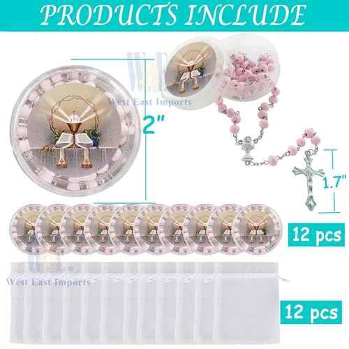 WE 12-Pack First Holy Communion Scented Rosary Favors w/Box and Bag (Pink)