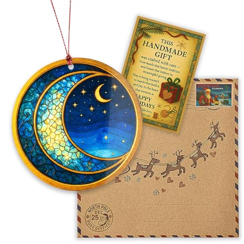 Crescent Moon and Stars Ornament – Night Sky Window Decor – Celestial Suncatcher | Starry Night Card – Christmas Suncatcher Effect Stained Glass Window – Car Hanging - color: Moon