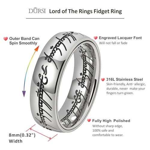 Men's Spinner Fidget Ring for Anxiety Lord of The Rings Ring for Men Women Stainless Steel Gold Ring - color: Silver