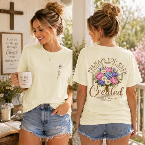 Christian Shirts for Women Floral Faith Bible Verse Graphic Tee Created for Such a Time as This T-Shirt - color: Creamy Yellow, size: Small