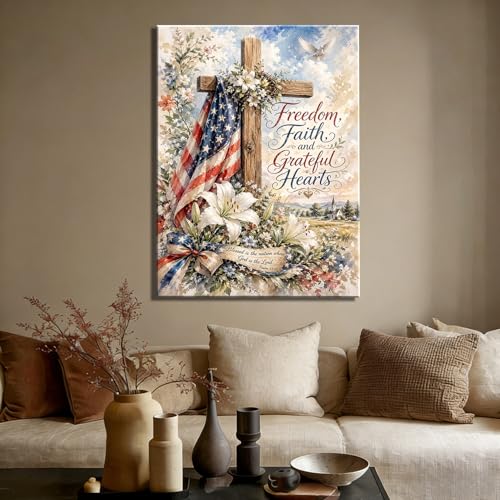 RIBNTAK Patriotic Christian Wall Art Canvas Prints Pictures, Cross and American Flag Artwork Faith Freedom Grateful Hearts Decor, 4th of July Religious Wall Decor for Living Room Bedroom Office - color: Picture 44, size: 20"L x 30"W