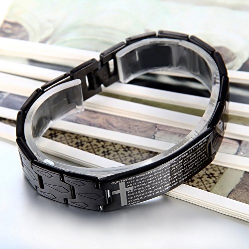 Flongo Men's Vintage Stainless Steel Black Cross English Bible Lords Prayer Link Wrist Bracelet For Men Christmas Gifts - color: black,cross,8.3inches